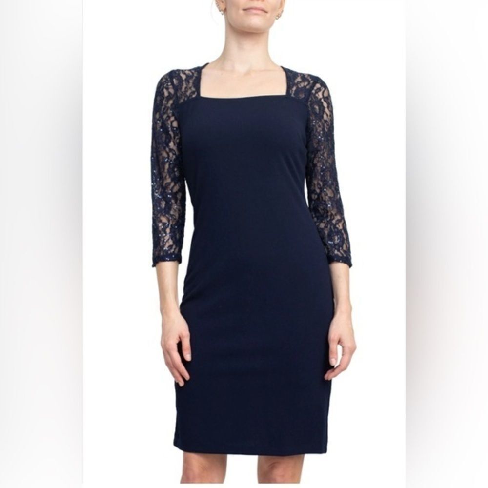 Sale SL Fashion Elegant Navy Lace Sleeve Dress